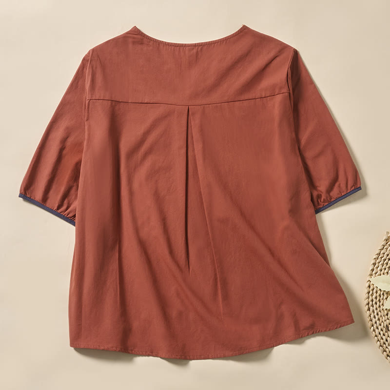 Buddha Stones Casual Floral Leaf Pattern V-Neck Women's Polyester Short Sleeve T-shirt