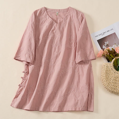 Buddha Stones Spring V-Neck Long Sleeve Leaf Pattern Women's Cotton Shirt