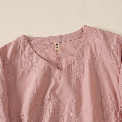 Buddha Stones Spring V-Neck Long Sleeve Leaf Pattern Women's Cotton Shirt
