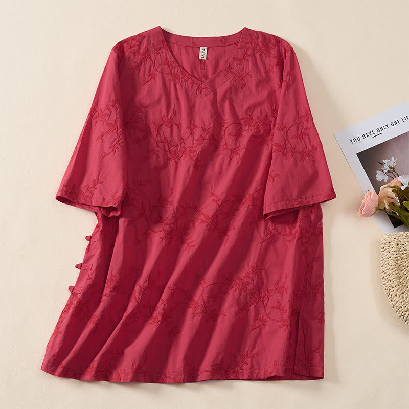 Buddha Stones Spring V-Neck Long Sleeve Leaf Pattern Women's Cotton Shirt