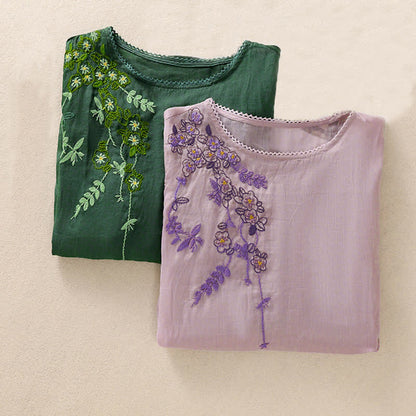 Buddha Stones Retro Embroidery Floral Pattern Short Sleeve Crew Neck Women's Shirt