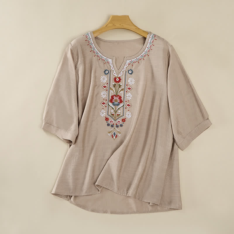Buddha Stones Spring Boho Embroidered Elbow-Length Sleeve Women's T-Shirts