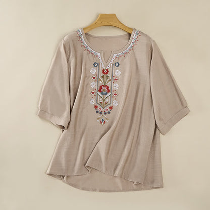 Buddha Stones Spring Boho Embroidered Elbow-Length Sleeve Women's T-Shirts