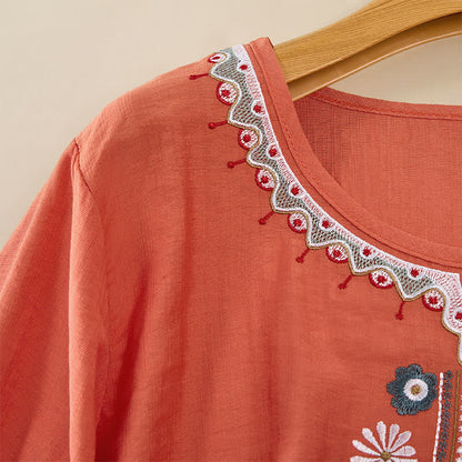 Buddha Stones Spring Boho Embroidered Elbow-Length Sleeve Women's T-Shirts