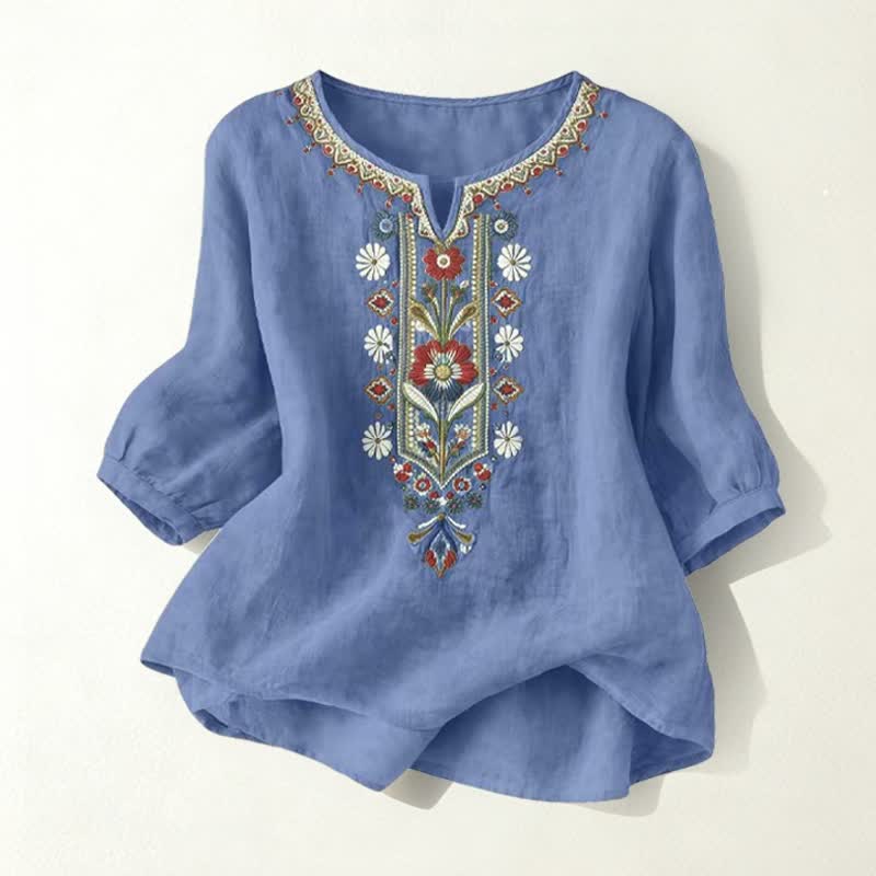 Buddha Stones Spring Boho Embroidered Elbow-Length Sleeve Women's T-Shirts
