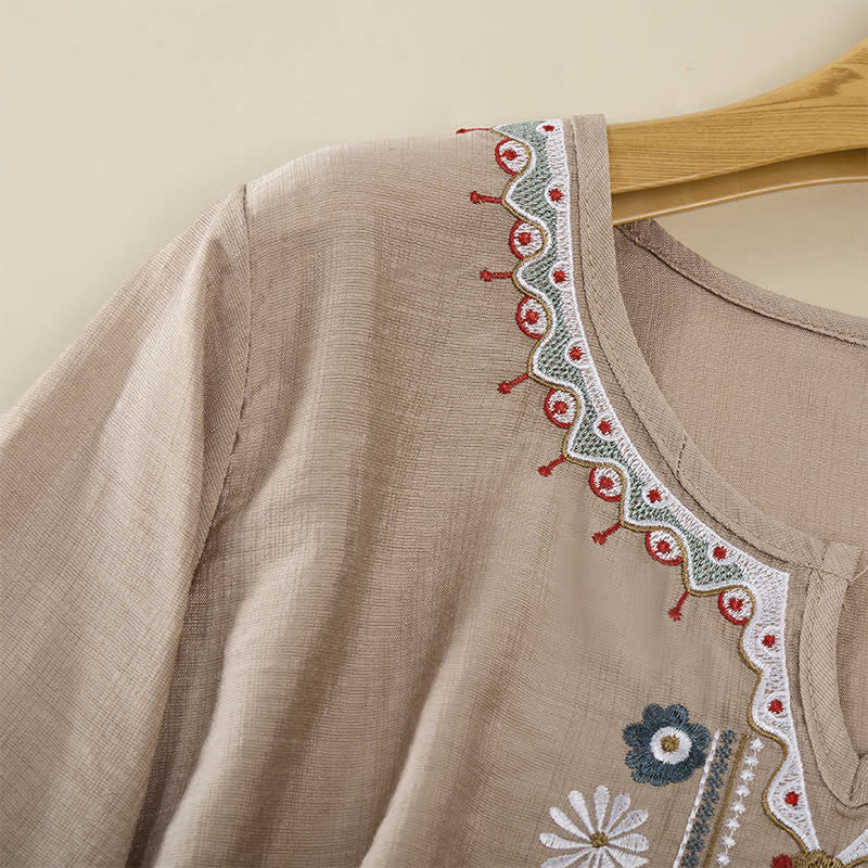Buddha Stones Spring Boho Embroidered Elbow-Length Sleeve Women's T-Shirts