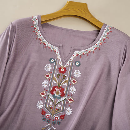 Buddha Stones Spring Boho Embroidered Elbow-Length Sleeve Women's T-Shirts