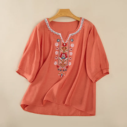 Buddha Stones Spring Boho Embroidered Elbow-Length Sleeve Women's T-Shirts