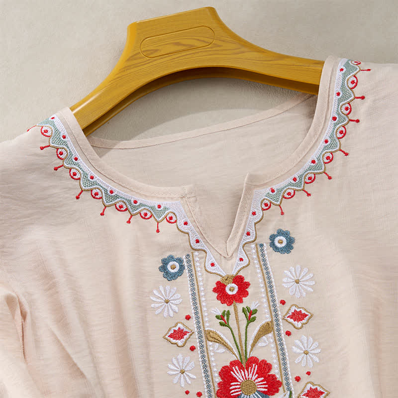 Buddha Stones Spring Boho Embroidered Elbow-Length Sleeve Women's T-Shirts