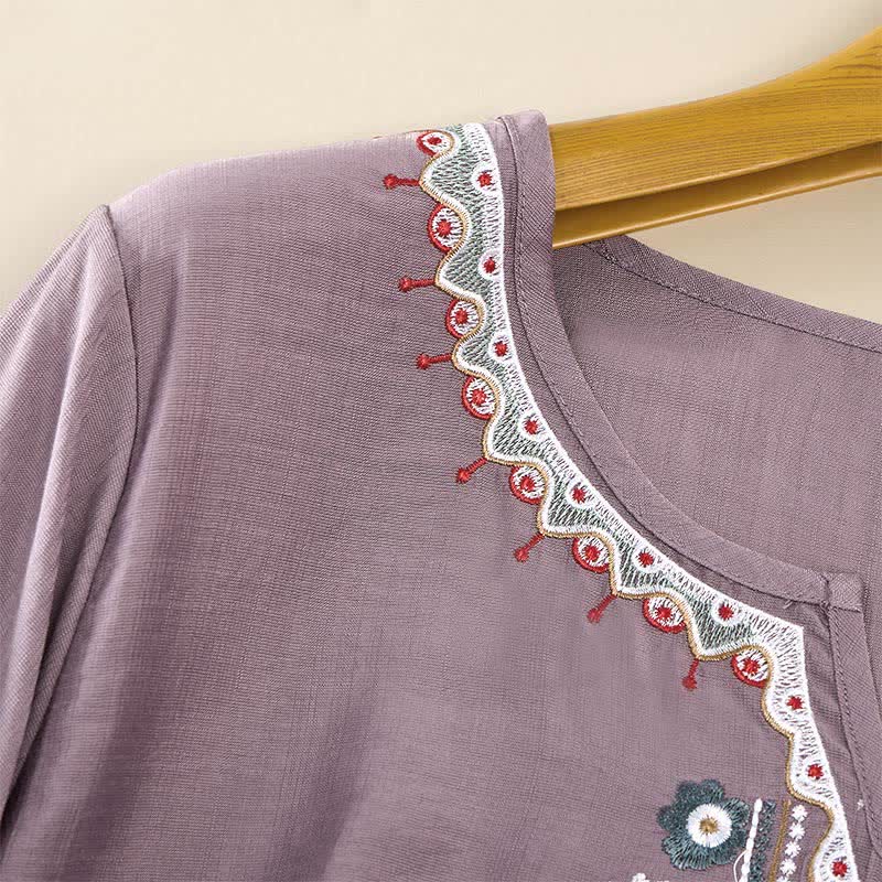 Buddha Stones Spring Boho Embroidered Elbow-Length Sleeve Women's T-Shirts