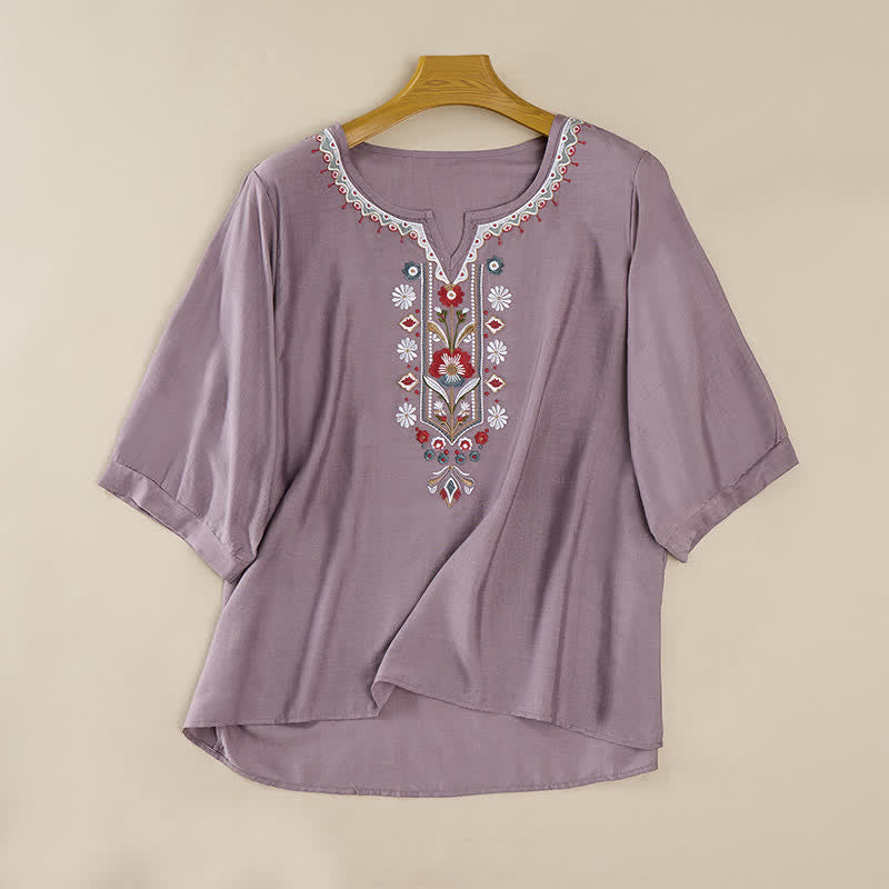 Buddha Stones Spring Boho Embroidered Elbow-Length Sleeve Women's T-Shirts