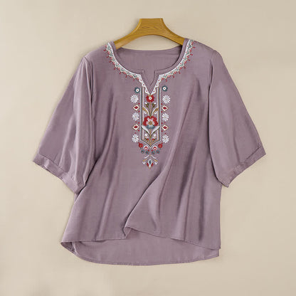 Buddha Stones Spring Boho Embroidered Elbow-Length Sleeve Women's T-Shirts
