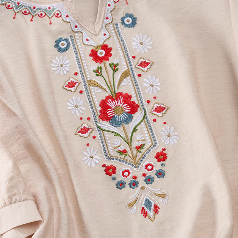 Buddha Stones Spring Boho Embroidered Elbow-Length Sleeve Women's T-Shirts