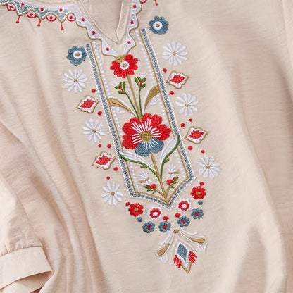 Buddha Stones Spring Boho Embroidered Elbow-Length Sleeve Women's T-Shirts