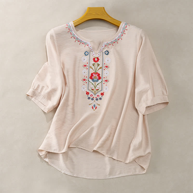 Buddha Stones Spring Boho Embroidered Elbow-Length Sleeve Women's T-Shirts
