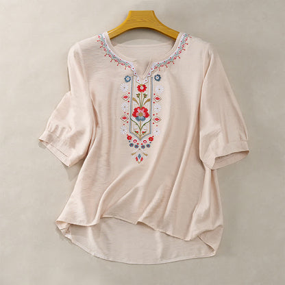 Buddha Stones Spring Boho Embroidered Elbow-Length Sleeve Women's T-Shirts
