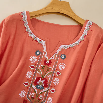Buddha Stones Spring Boho Embroidered Elbow-Length Sleeve Women's T-Shirts