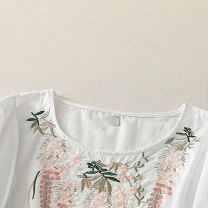 Buddha Stones Spring Embroidery Side Slit Floral Women's Three-Quarter Sleeve Shirts