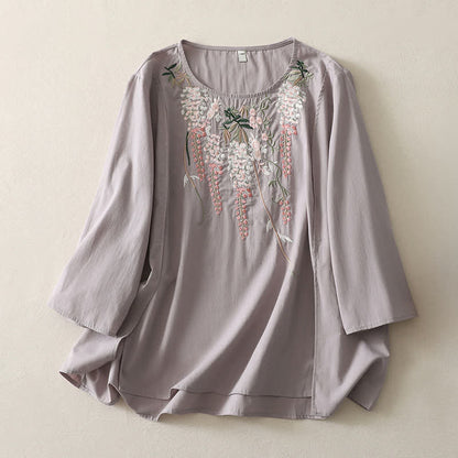 Buddha Stones Spring Embroidery Side Slit Floral Women's Three-Quarter Sleeve Shirts