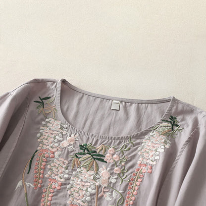 Buddha Stones Spring Embroidery Side Slit Floral Women's Three-Quarter Sleeve Shirts