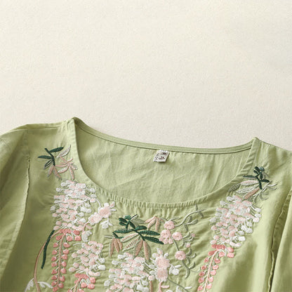 Buddha Stones Spring Embroidery Side Slit Floral Women's Three-Quarter Sleeve Shirts