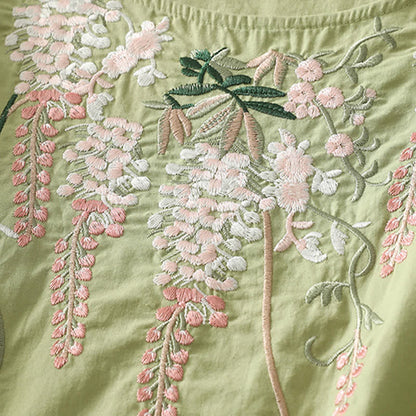 Buddha Stones Spring Embroidery Side Slit Floral Women's Three-Quarter Sleeve Shirts