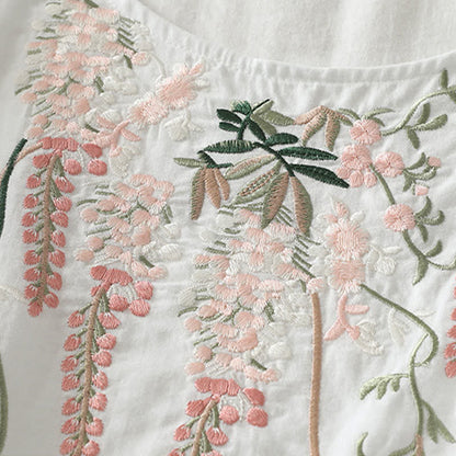 Buddha Stones Spring Embroidery Side Slit Floral Women's Three-Quarter Sleeve Shirts