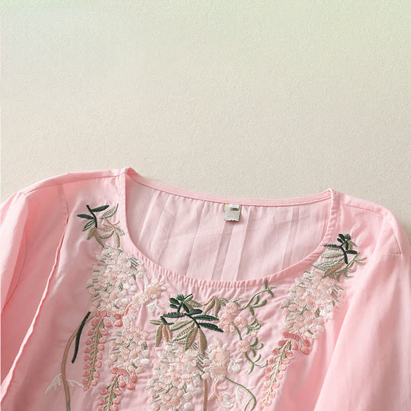 Buddha Stones Spring Embroidery Side Slit Floral Women's Three-Quarter Sleeve Shirts