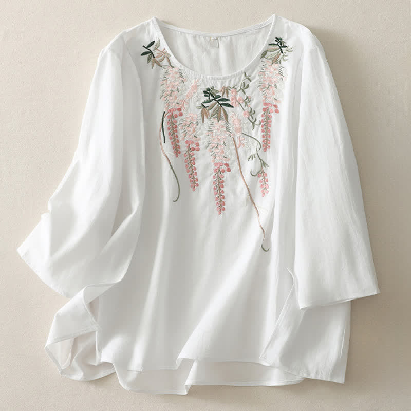 Buddha Stones Spring Embroidery Side Slit Floral Women's Three-Quarter Sleeve Shirts