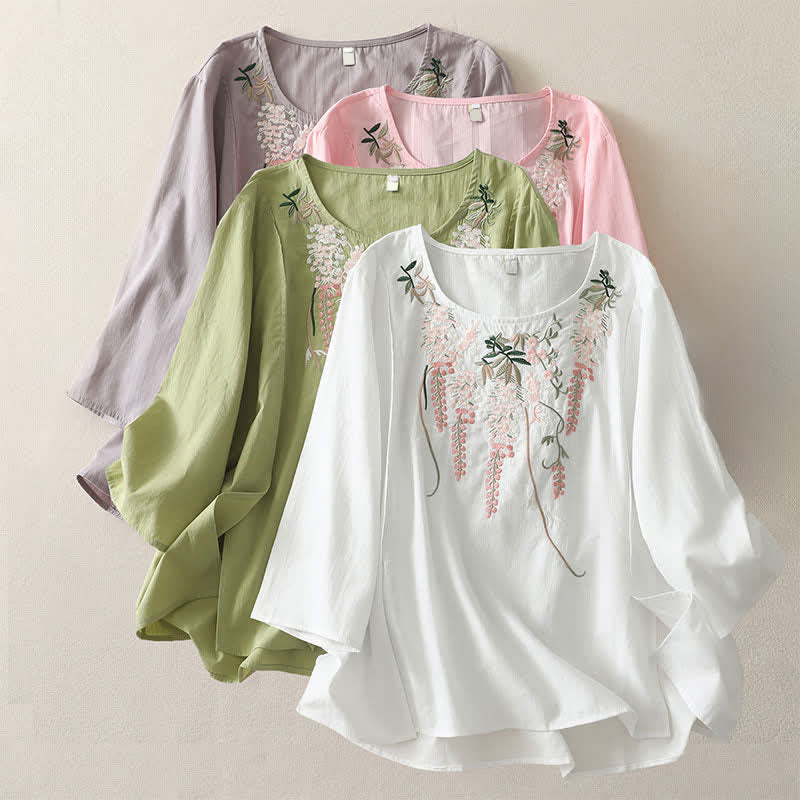 Buddha Stones Spring Embroidery Side Slit Floral Women's Three-Quarter Sleeve Shirts