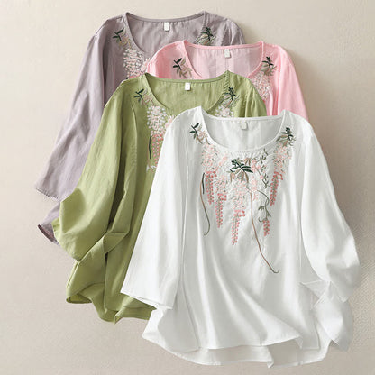 Buddha Stones Spring Embroidery Side Slit Floral Women's Three-Quarter Sleeve Shirts