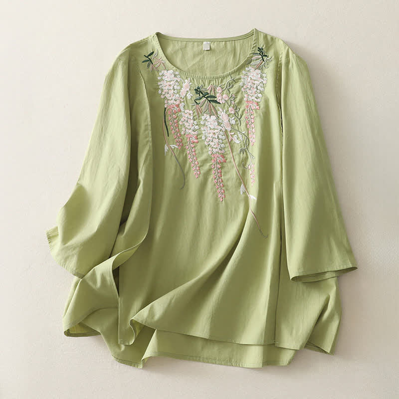 Buddha Stones Spring Embroidery Side Slit Floral Women's Three-Quarter Sleeve Shirts