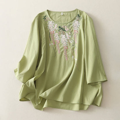 Buddha Stones Spring Embroidery Side Slit Floral Women's Three-Quarter Sleeve Shirts