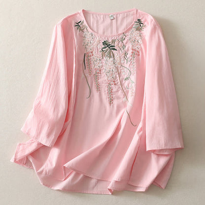 Buddha Stones Spring Embroidery Side Slit Floral Women's Three-Quarter Sleeve Shirts