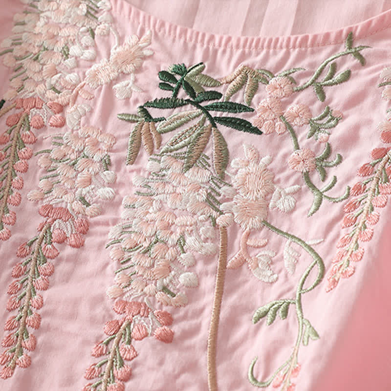 Buddha Stones Spring Embroidery Side Slit Floral Women's Three-Quarter Sleeve Shirts