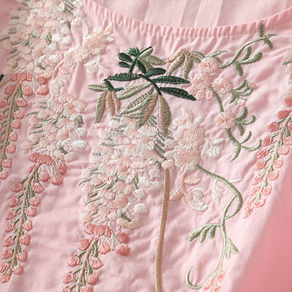 Buddha Stones Spring Embroidery Side Slit Floral Women's Three-Quarter Sleeve Shirts