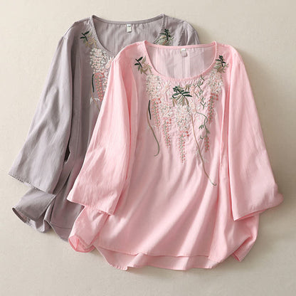 Buddha Stones Spring Embroidery Side Slit Floral Women's Three-Quarter Sleeve Shirts