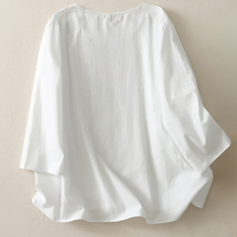 Buddha Stones Spring Embroidery Side Slit Floral Women's Three-Quarter Sleeve Shirts