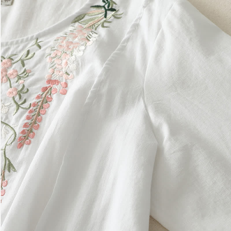 Buddha Stones Spring Embroidery Side Slit Floral Women's Three-Quarter Sleeve Shirts