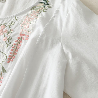 Buddha Stones Spring Embroidery Side Slit Floral Women's Three-Quarter Sleeve Shirts