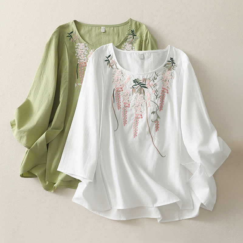 Buddha Stones Spring Embroidery Side Slit Floral Women's Three-Quarter Sleeve Shirts