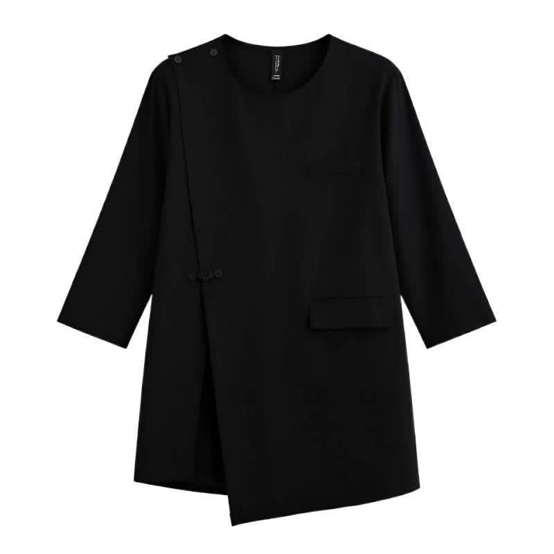 Buddha Stones Summer Tang Style Side Slit Pankou Solid Crew Neck Women's Long Sleeve T-Shirt With Pocket