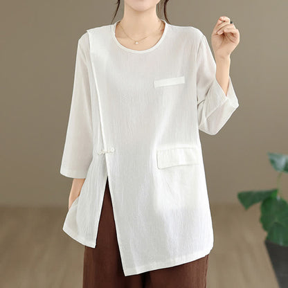 Buddha Stones Summer Tang Style Side Slit Pankou Solid Crew Neck Women's Long Sleeve T-Shirt With Pocket