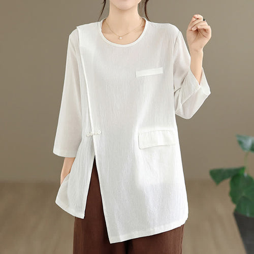 Buddha Stones Summer Tang Style Side Slit Pankou Solid Crew Neck Women's Long Sleeve T-Shirt With Pocket