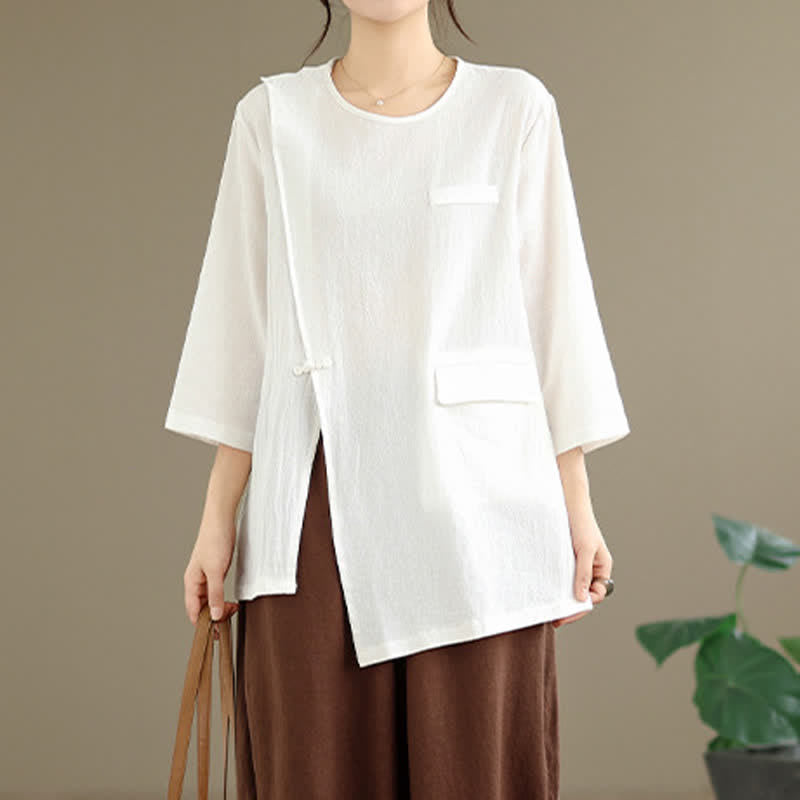 Buddha Stones Summer Tang Style Side Slit Pankou Solid Crew Neck Women's Long Sleeve T-Shirt With Pocket