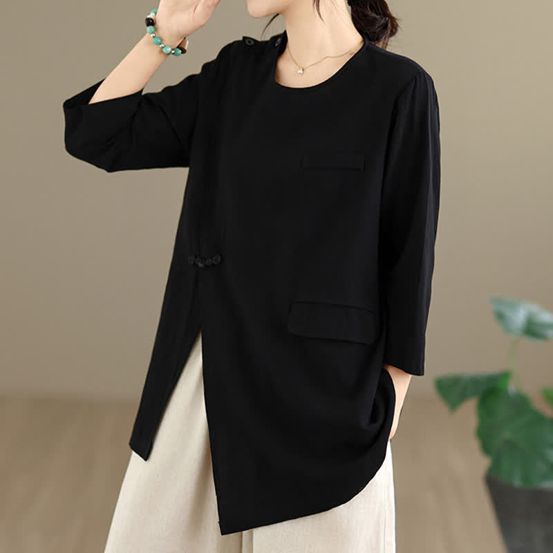 Buddha Stones Summer Tang Style Side Slit Pankou Solid Crew Neck Women's Long Sleeve T-Shirt With Pocket