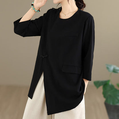 Buddha Stones Summer Tang Style Side Slit Pankou Solid Crew Neck Women's Long Sleeve T-Shirt With Pocket