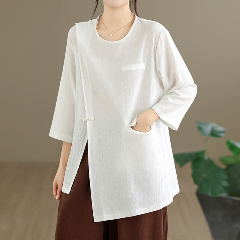 Buddha Stones Summer Tang Style Side Slit Pankou Solid Crew Neck Women's Long Sleeve T-Shirt With Pocket