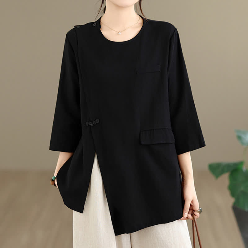 Buddha Stones Summer Tang Style Side Slit Pankou Solid Crew Neck Women's Long Sleeve T-Shirt With Pocket