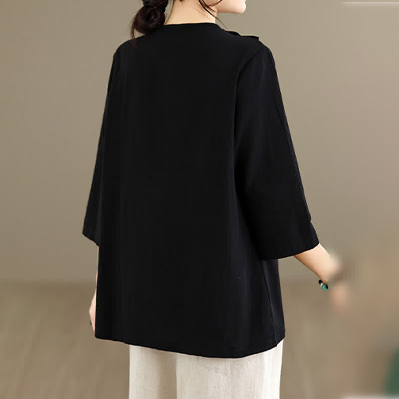 Buddha Stones Summer Tang Style Side Slit Pankou Solid Crew Neck Women's Long Sleeve T-Shirt With Pocket